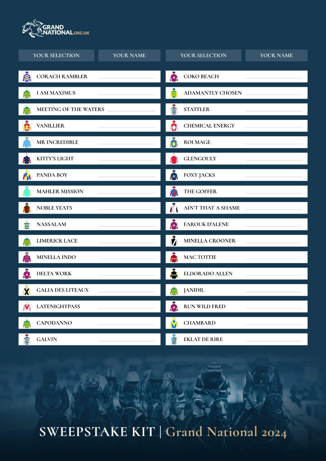 Grand National 2024 Sweepstake Kit Free PDF to Print